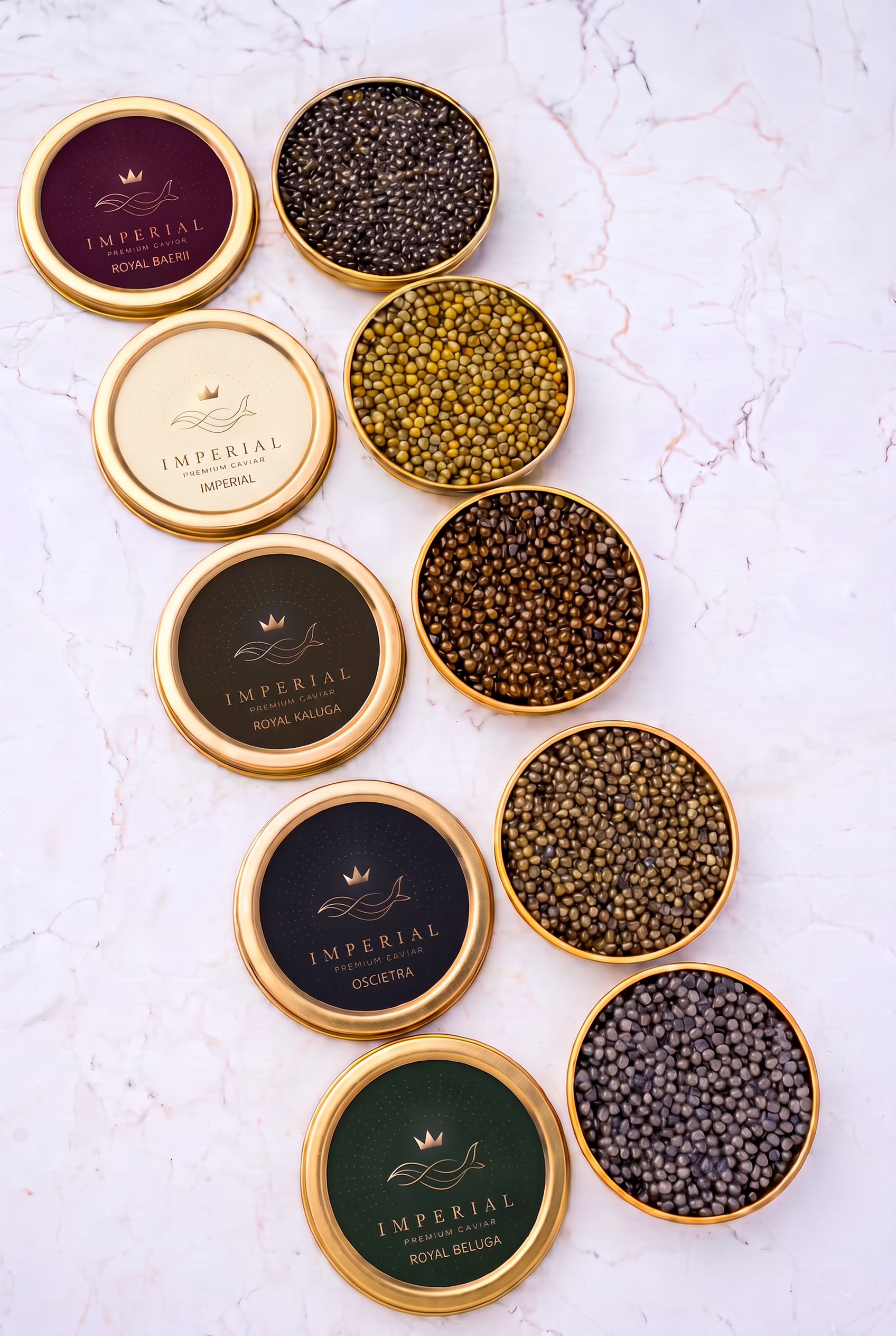 Imperial Premium Caviar-burkar med märkta lock: Royal Baerii, Imperial, Royal Kaluga, Oscietra och Royal Beluga